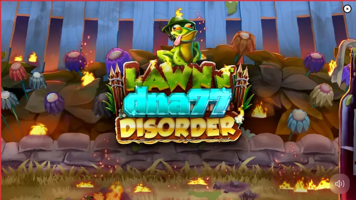 Tampilan visual gnome di tengah taman yang terbakar dalam slot Lawn N’ Complete Disorder